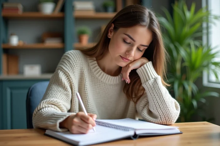 Jeune femme écrivant dans un agenda au bureau à domicile