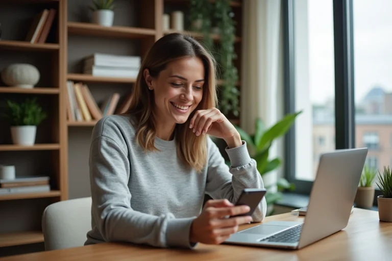 Femme détendue effectuant un paiement en ligne avec smartphone