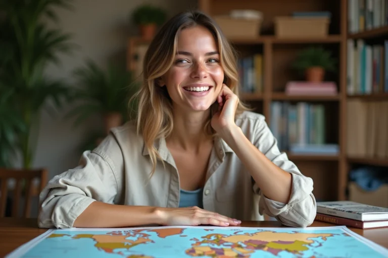 Jeune femme souriante étudie une carte du monde à la maison