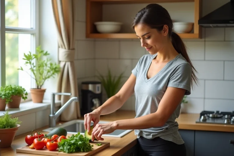 Femme en tenue de sport préparant un bol santé coloré avec des légumes et fruits frais dans une cuisine moderne en bois