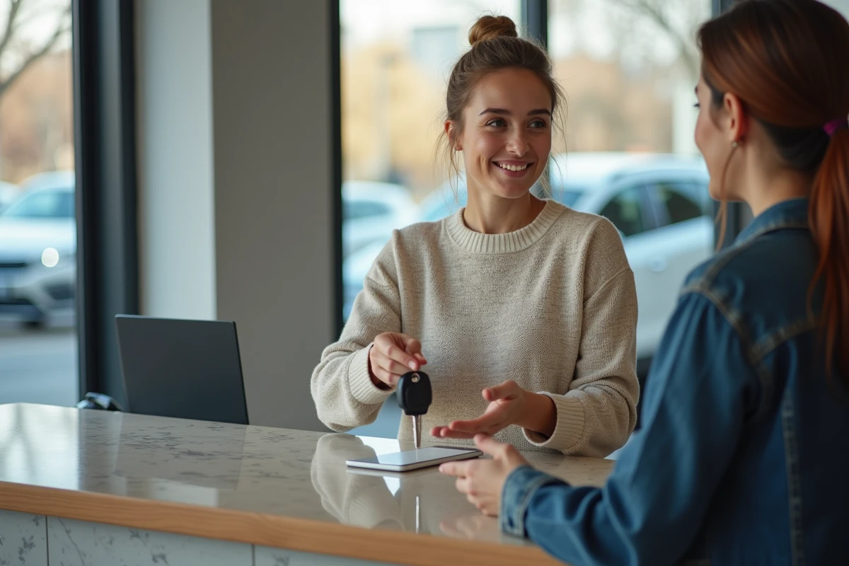 Femme souriante remettant des clés dans agence de location