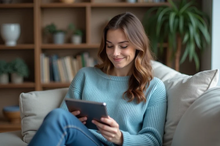 Femme en détente choisissant son dîner sur une tablette