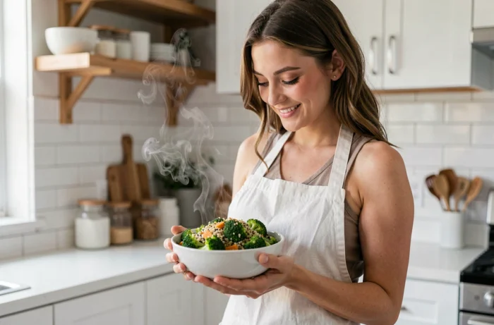 Femme tenant un bol de salade de brocoli et quinoa dans une cuisine moderne, illustration d'un repas sain riche en protéines végétales