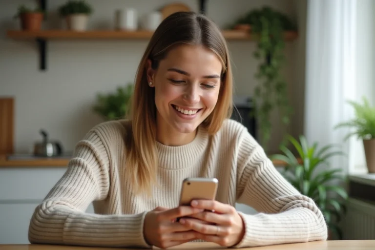 Femme souriante envoyant une carte virtuelle sur WhatsApp