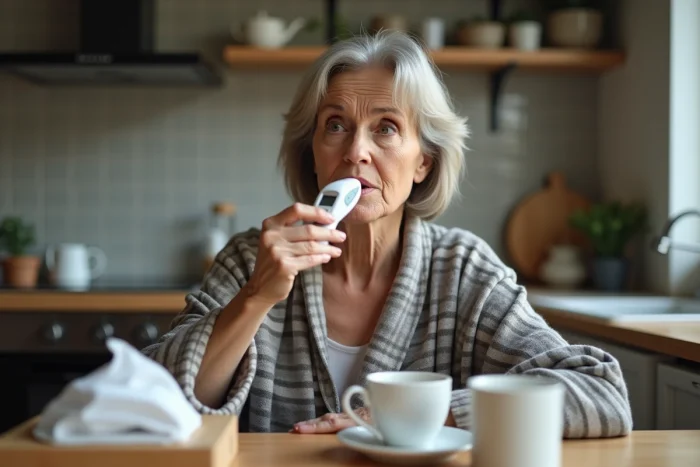 Femme d'une soixantaine d'années prenant sa température à la maison avec un thermomètre, entourée de mouchoirs et d'une tasse de thé — premiers signes du variant Covid 2026