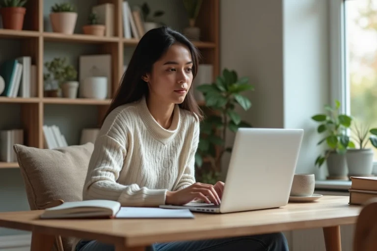 Jeune femme travaillant à domicile sur son ordinateur