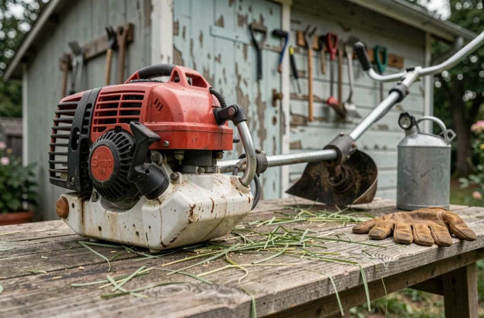 Gros plan sur une débroussailleuse thermique professionnelle posée sur un établi avec accessoires de jardinage