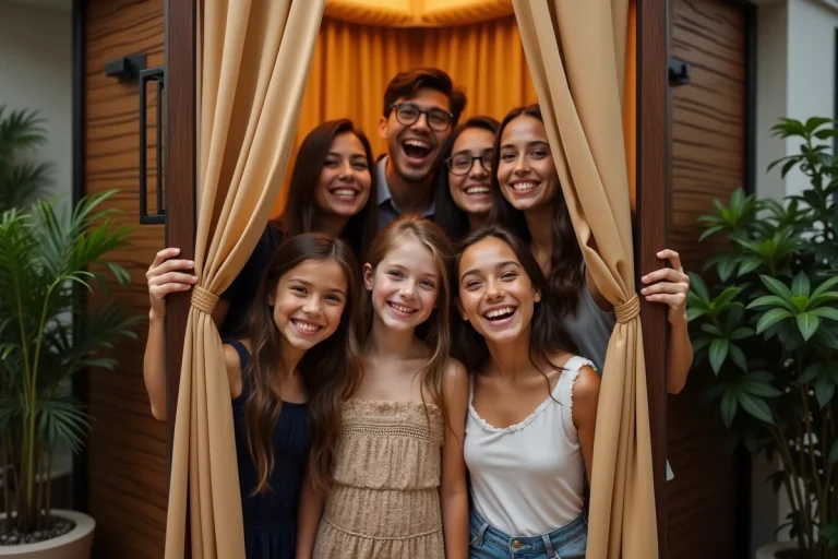 Groupe d'amis souriants dans un photobooth moderne lors d'une fête
