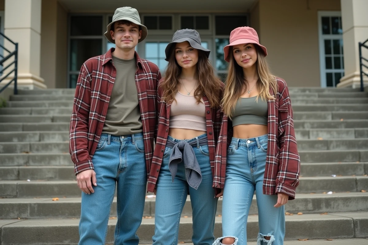 Trois amis en style 1996 posant sur des marches d