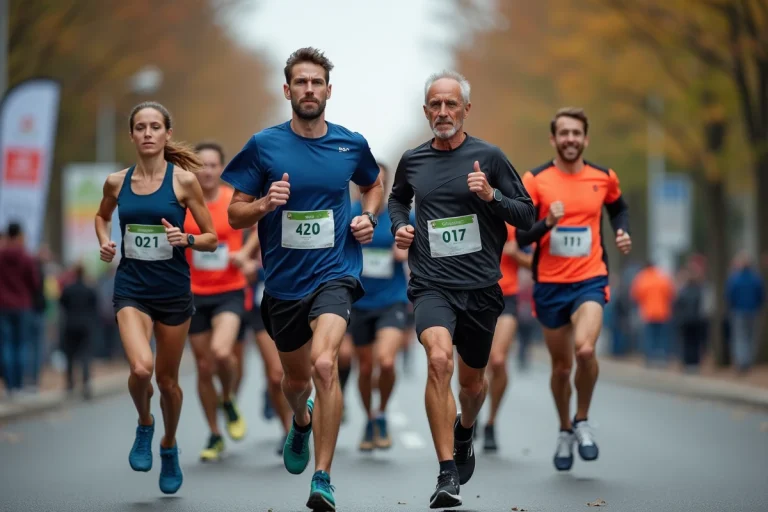 Groupe de coureurs divers lors d'un semi-marathon urbain