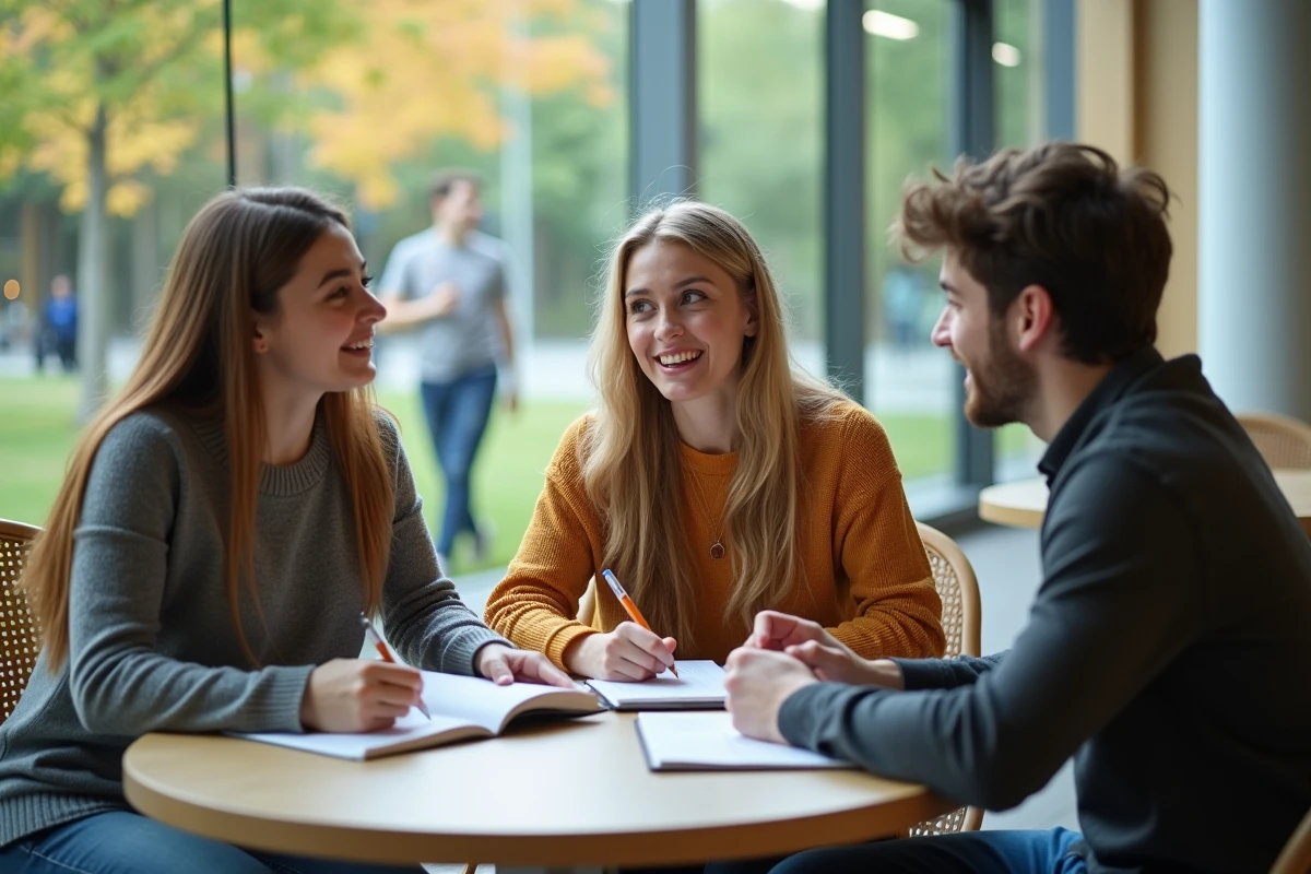 Trois étudiants discutant autour de notebooks et ordinateur portable