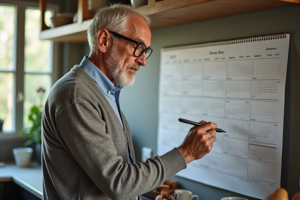 Homme âgé marquant un calendrier dans la cuisine moderne