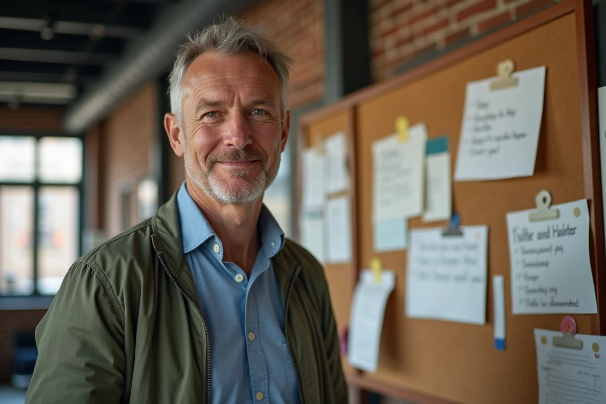 Homme regarde un tableau avec brochures de formation
