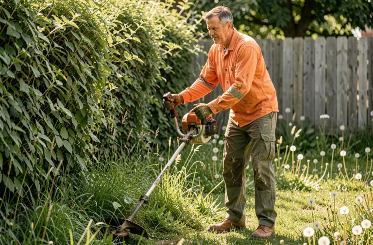 Homme utilisant une débroussailleuse thermique pour entretenir les bordures d'un jardin envahi par la végétation