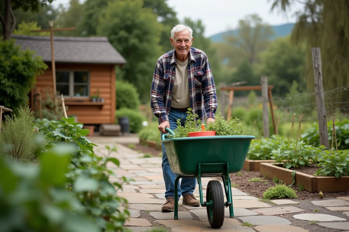 Homme âgé pousse une brouette dans le jardin
