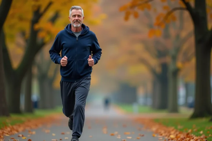 Homme en jogging faisant de la course à pied dans un parc urbain aux couleurs automnales pour prendre soin de sa santé