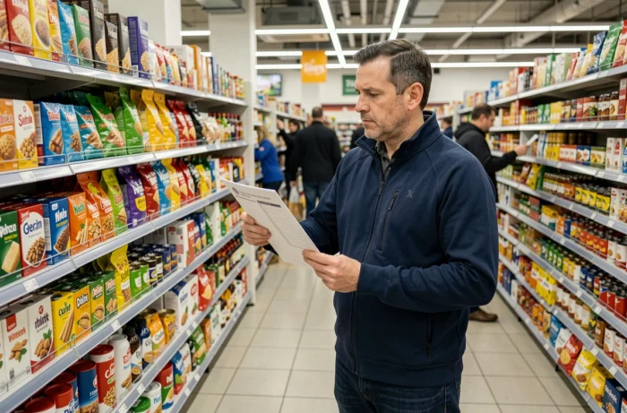 Homme consultant une liste d'achats imprimée dans un supermarché bien achalandé