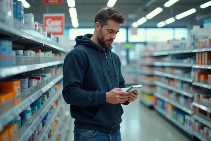Homme en pharmacie examinant une boîte de médicaments, illustrant la recherche de traitements face aux premiers symptômes du variant Covid 2026