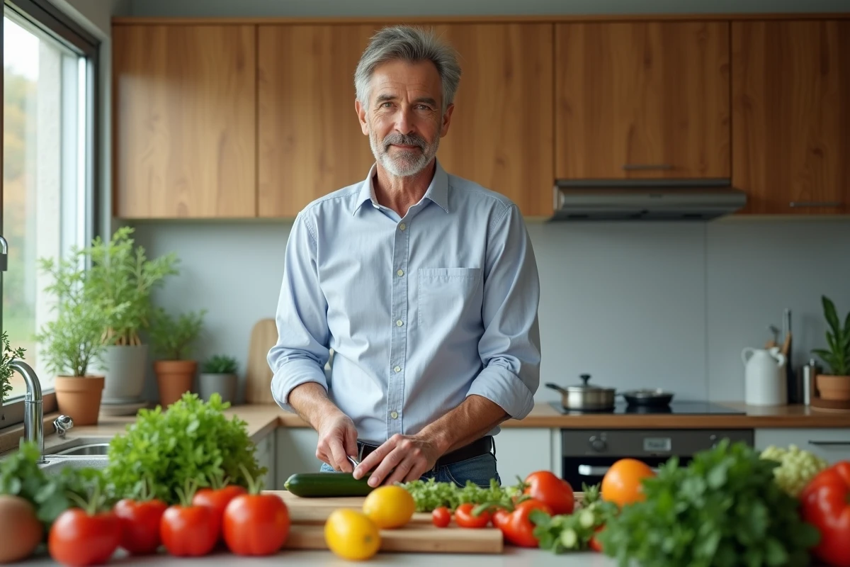 Homme en cuisine préparant une salade de légumes colorés