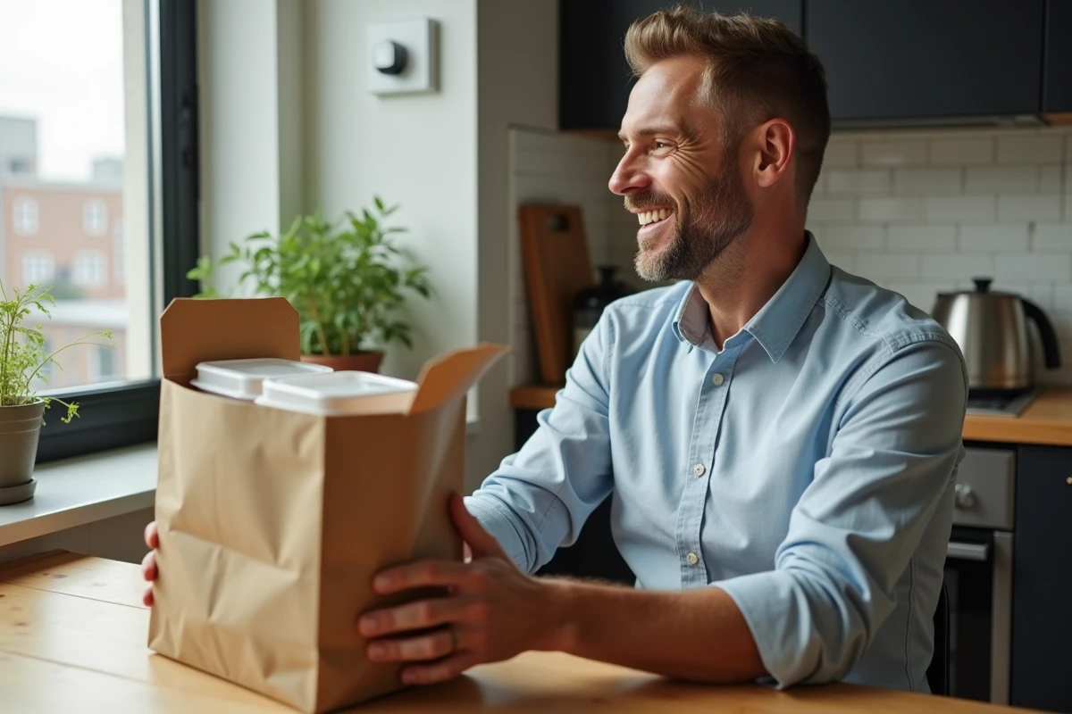 Homme souriant ouvrant un sac de livraison dans la cuisine