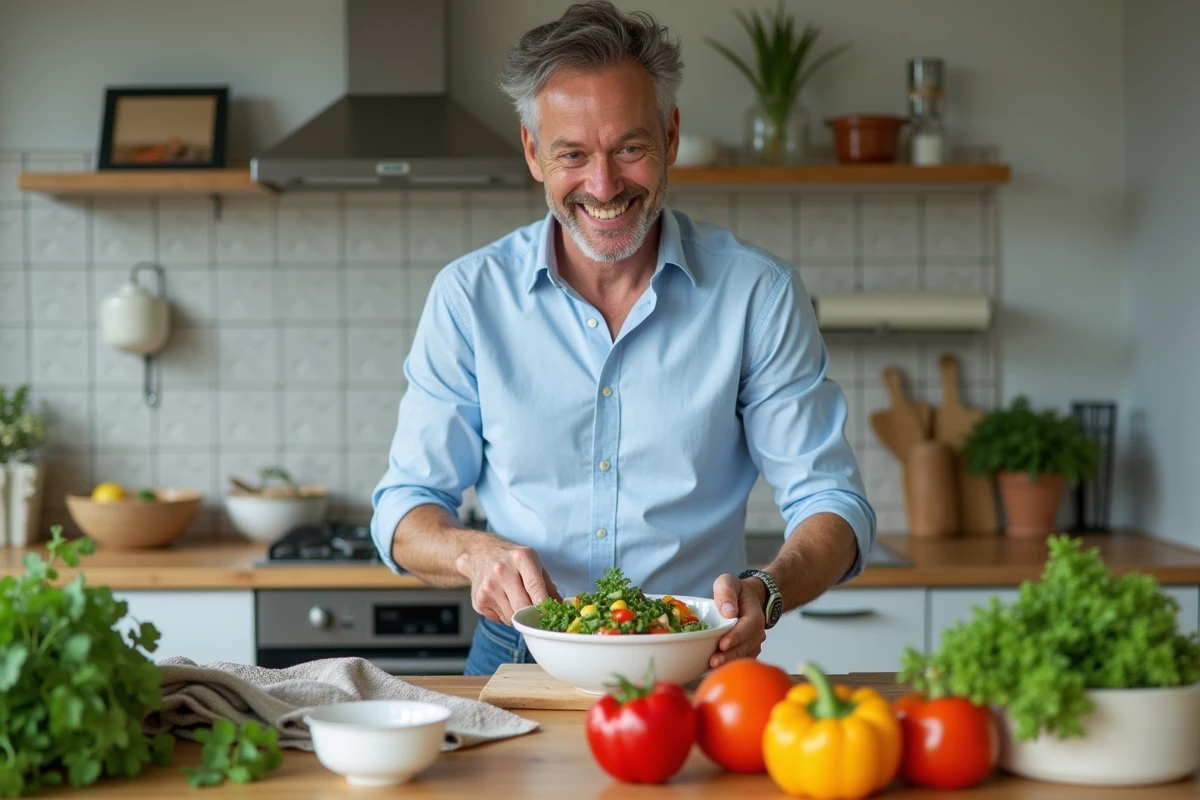Homme préparant une salade saine dans une cuisine lumineuse