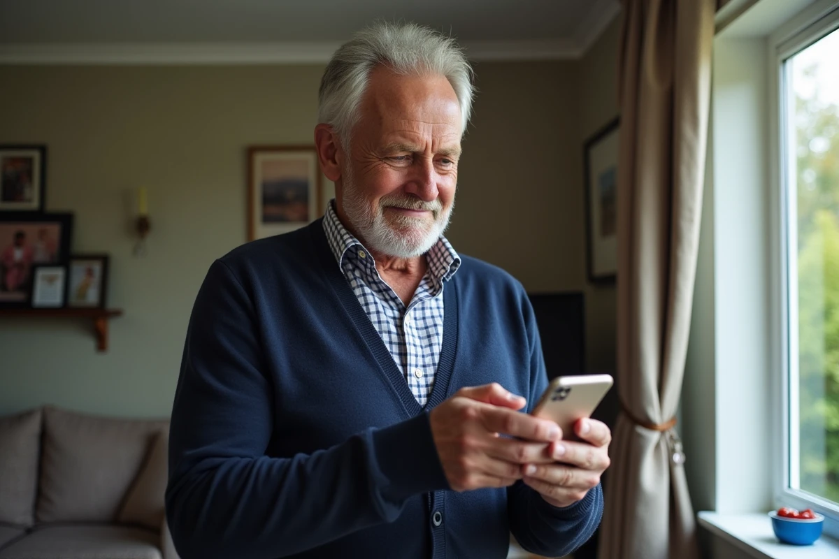 Homme âgé envoyant une carte virtuelle sur WhatsApp