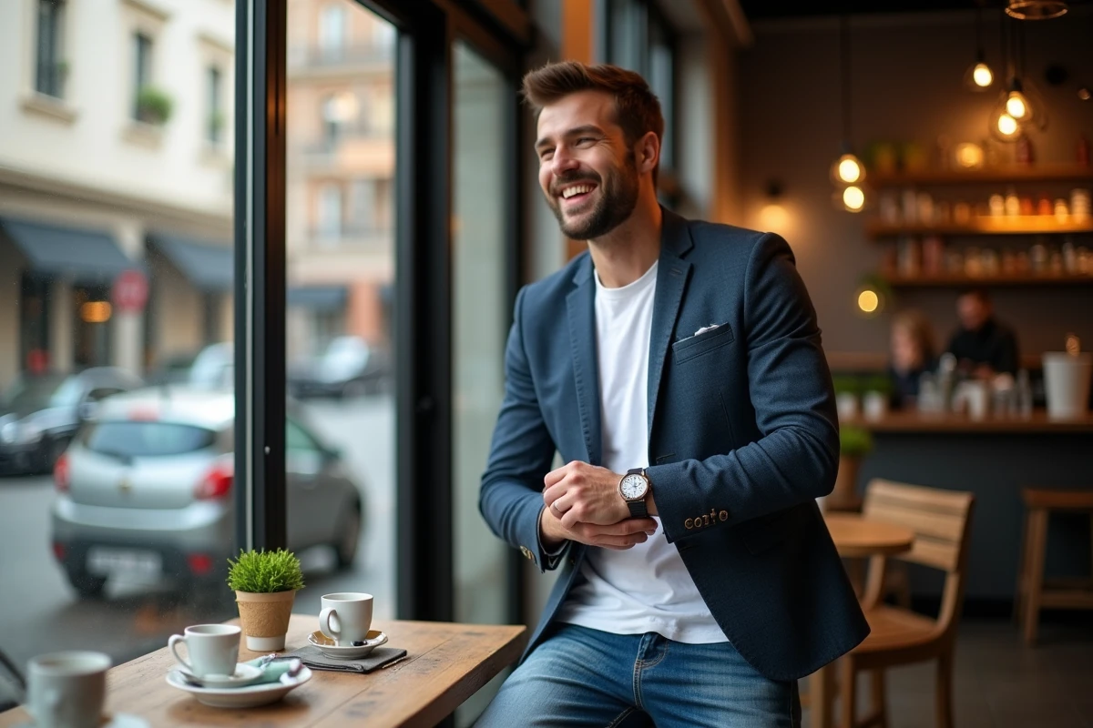 Homme bien habille souriant près d un café avec montre