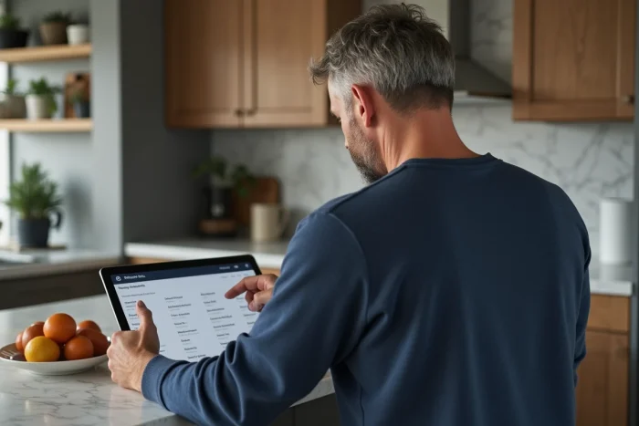 Homme consultant le plan du site d'une plateforme de bricolage sur une tablette dans une cuisine moderne