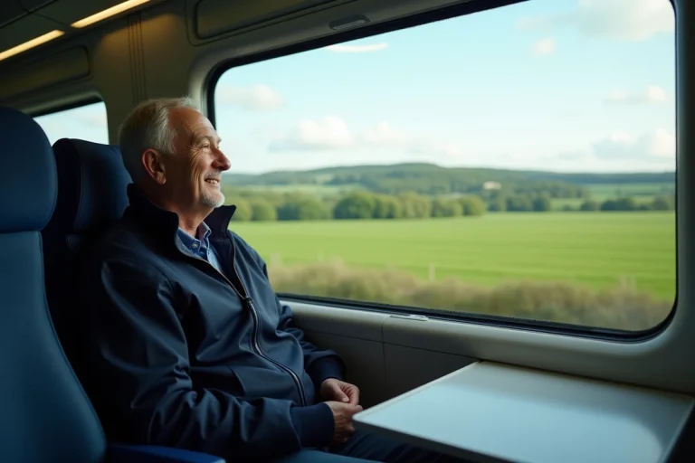 Homme d'âge moyen dans un train regardant les paysages verts