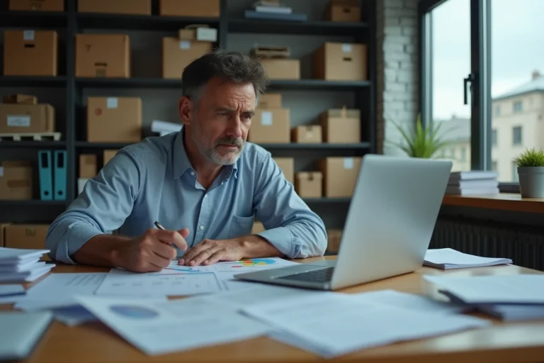 Homme d affaires au bureau avec documents et ordinateur