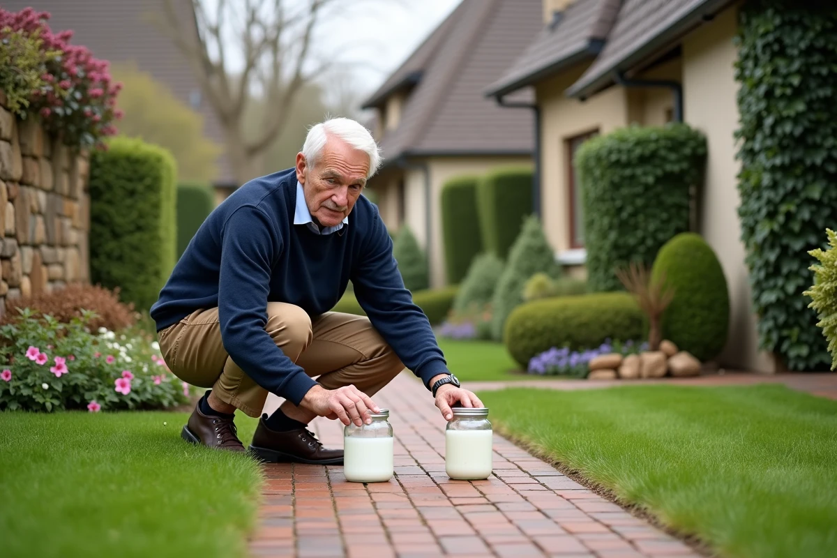 Homme âgé place des pots de vinaigre dans le jardin