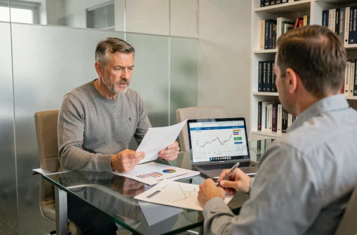 Investisseur immobilier consultant un conseiller financier autour d'un portefeuille de biens avec graphiques de rendement