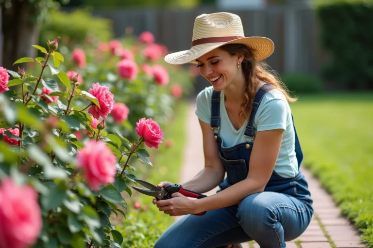 Femme en jardinage coupe des rosiers dans un jardin