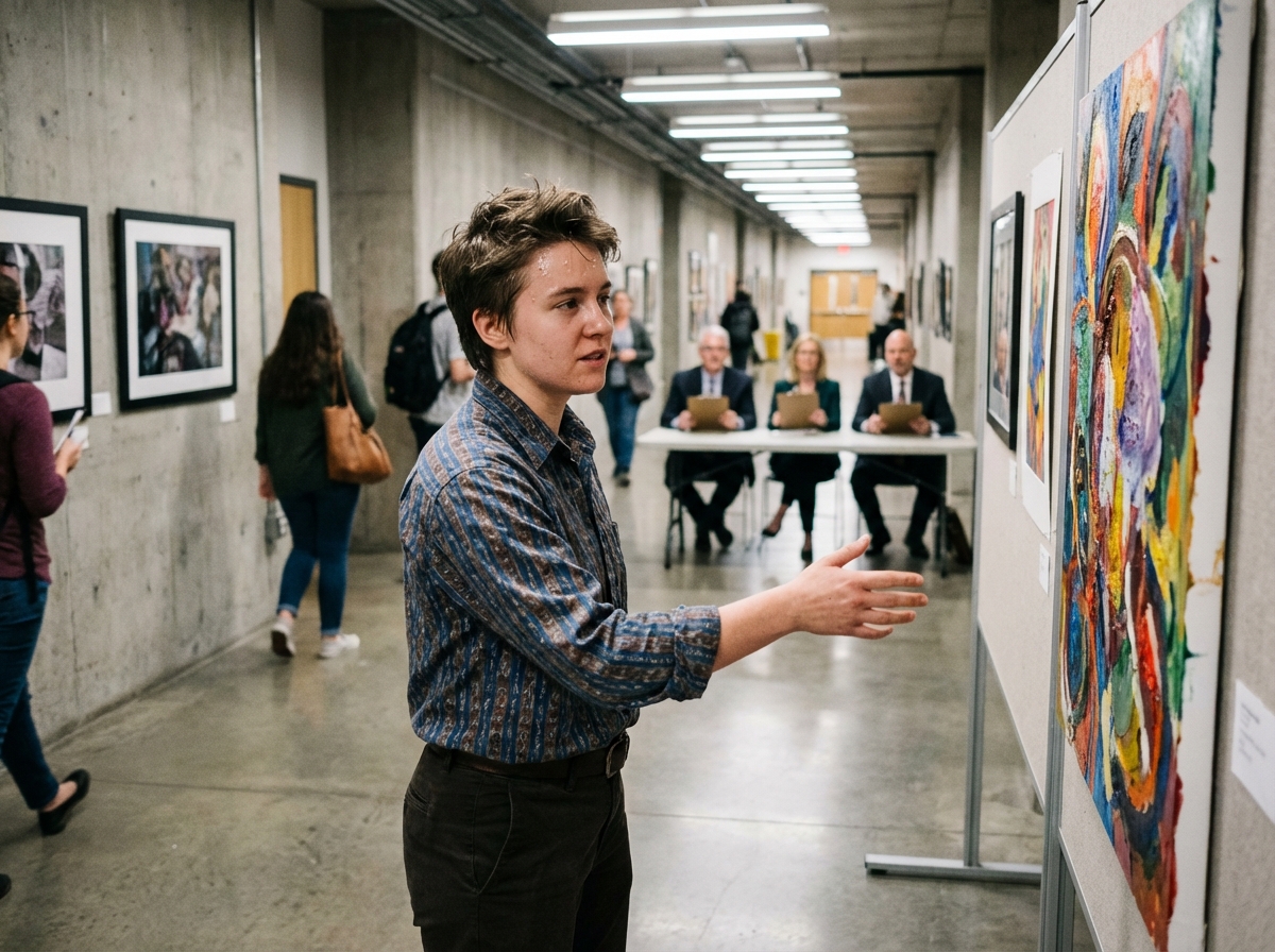 Jeune artiste présentant son œuvre dans un couloir