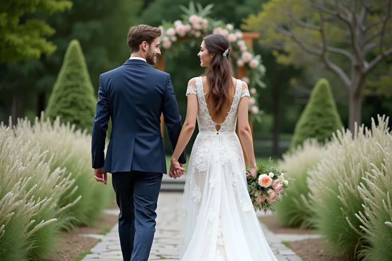 Jeune couple marié dans un jardin romantique