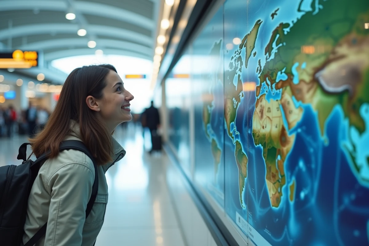 Jeune femme souriante regardant une carte dans un aéroport