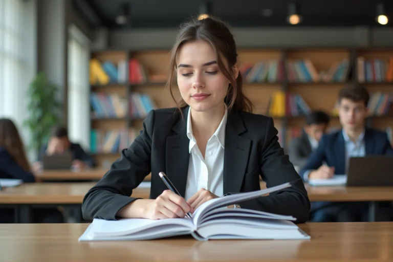 Jeune femme concentrée lisant des livres d'examen dans une bibliothèque