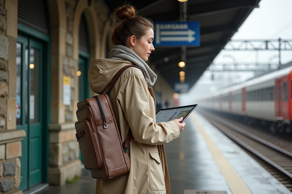 Jeune femme à la gare de Quimper vérifiant l