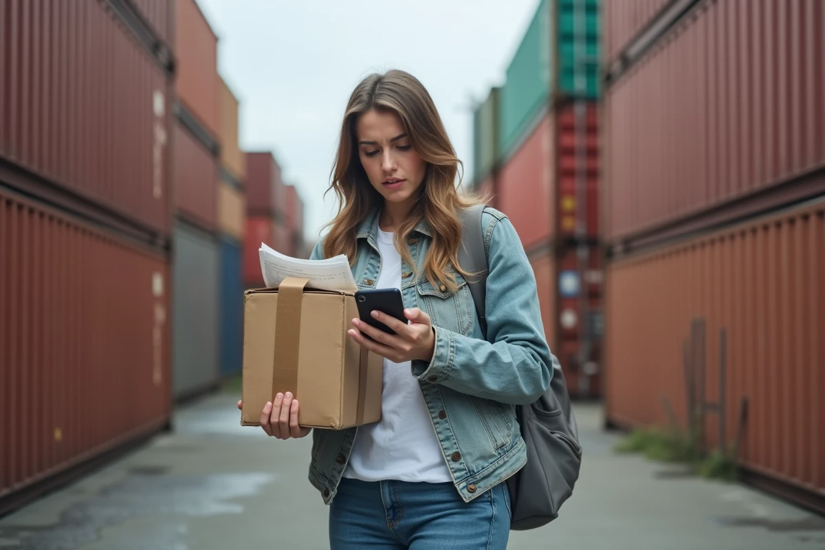 Jeune femme dans un yard de transport avec colis et containers