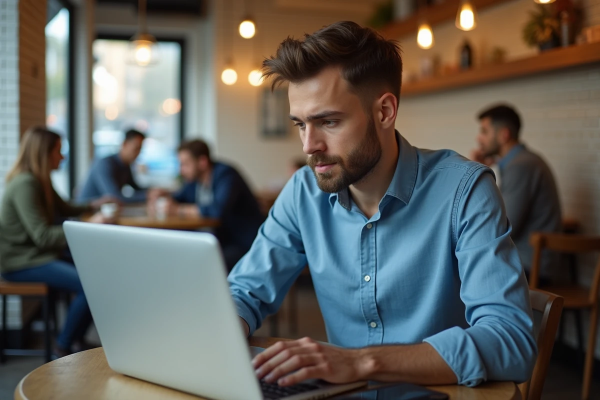 Jeune homme travaillant sur son ordinateur dans un café