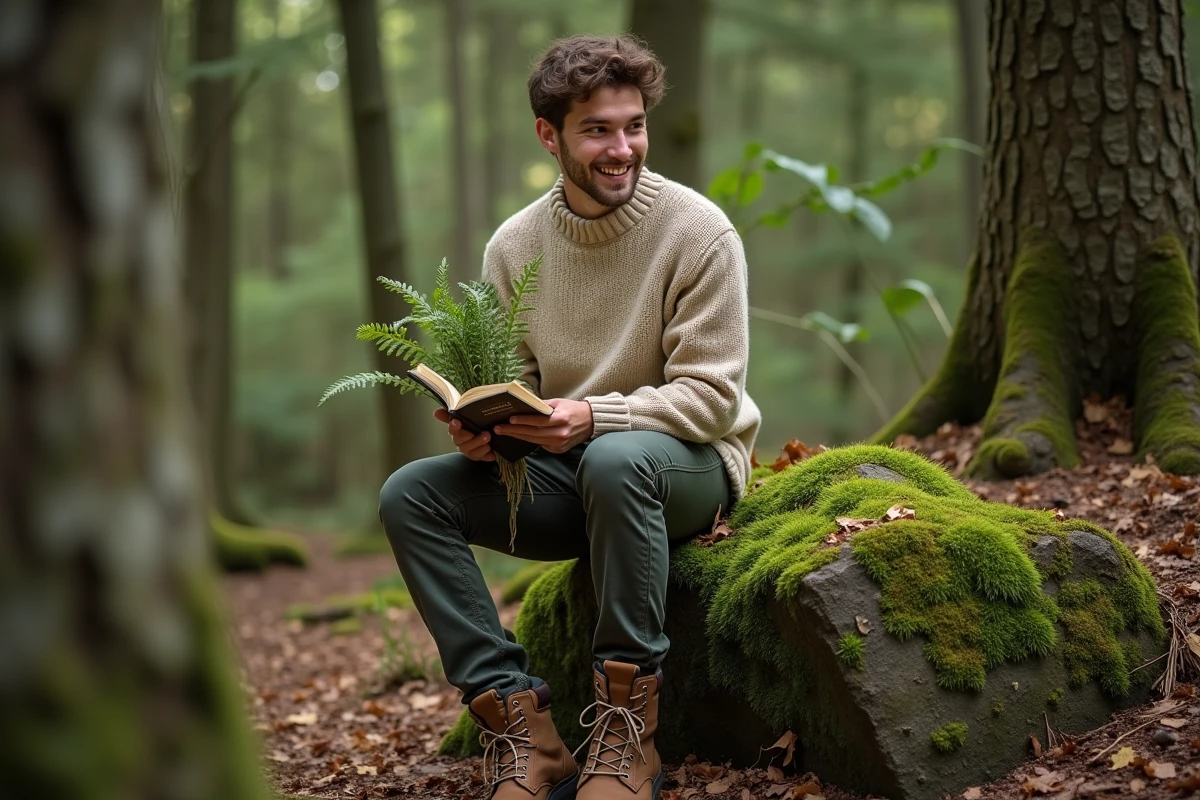 Jeune homme avec guide en forêt dense et mossy rocks