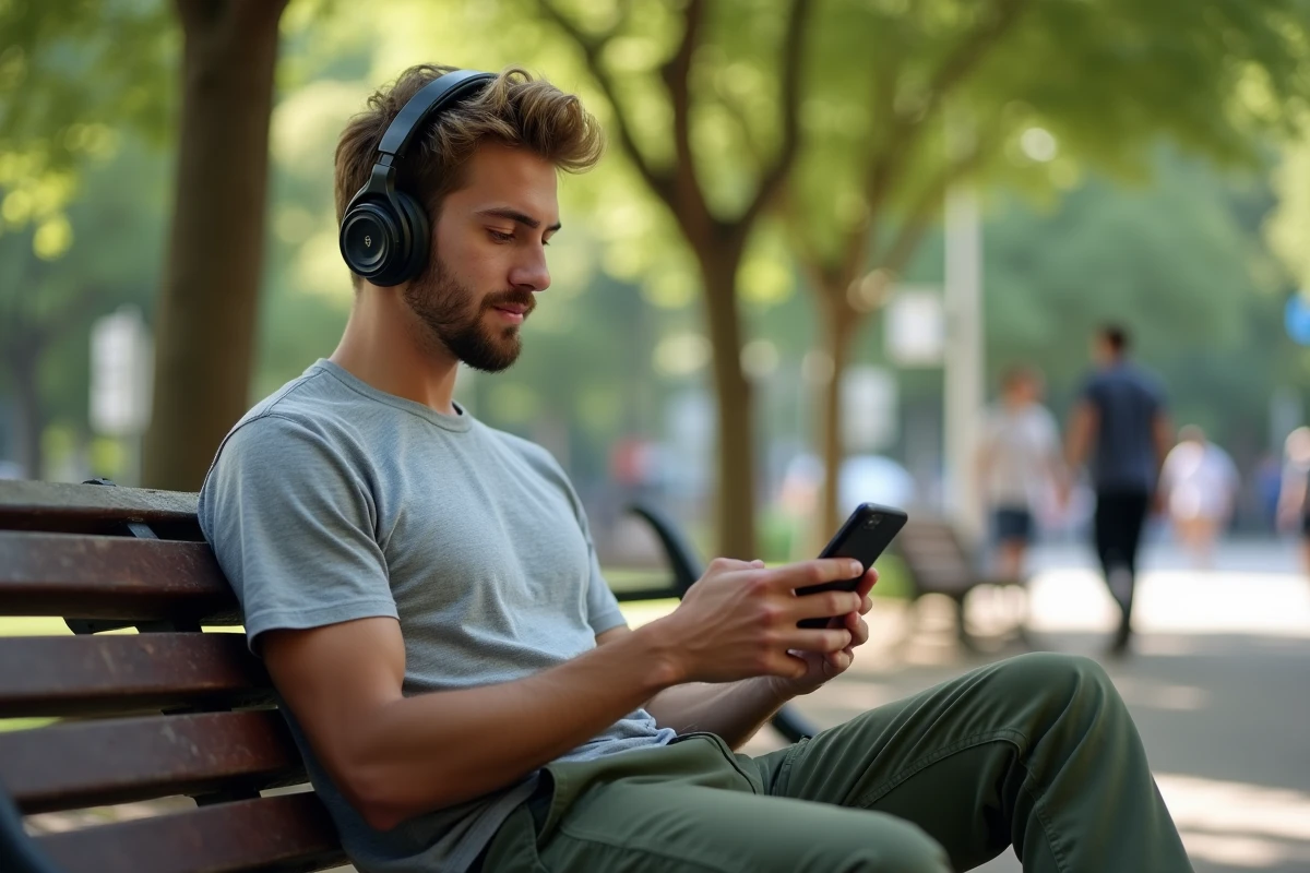 Jeune homme relaxant dans un parc urbain avec casque audio