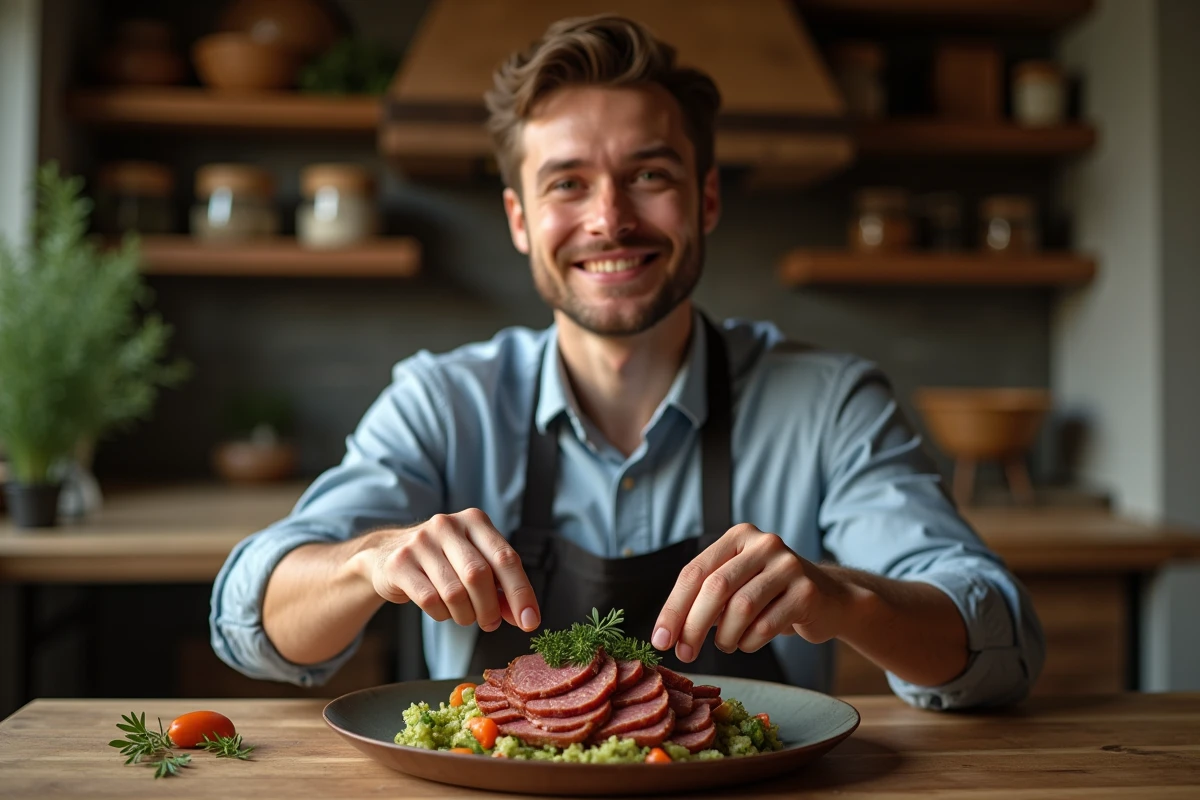 Jeune homme servant une assiette de langue de boeuf