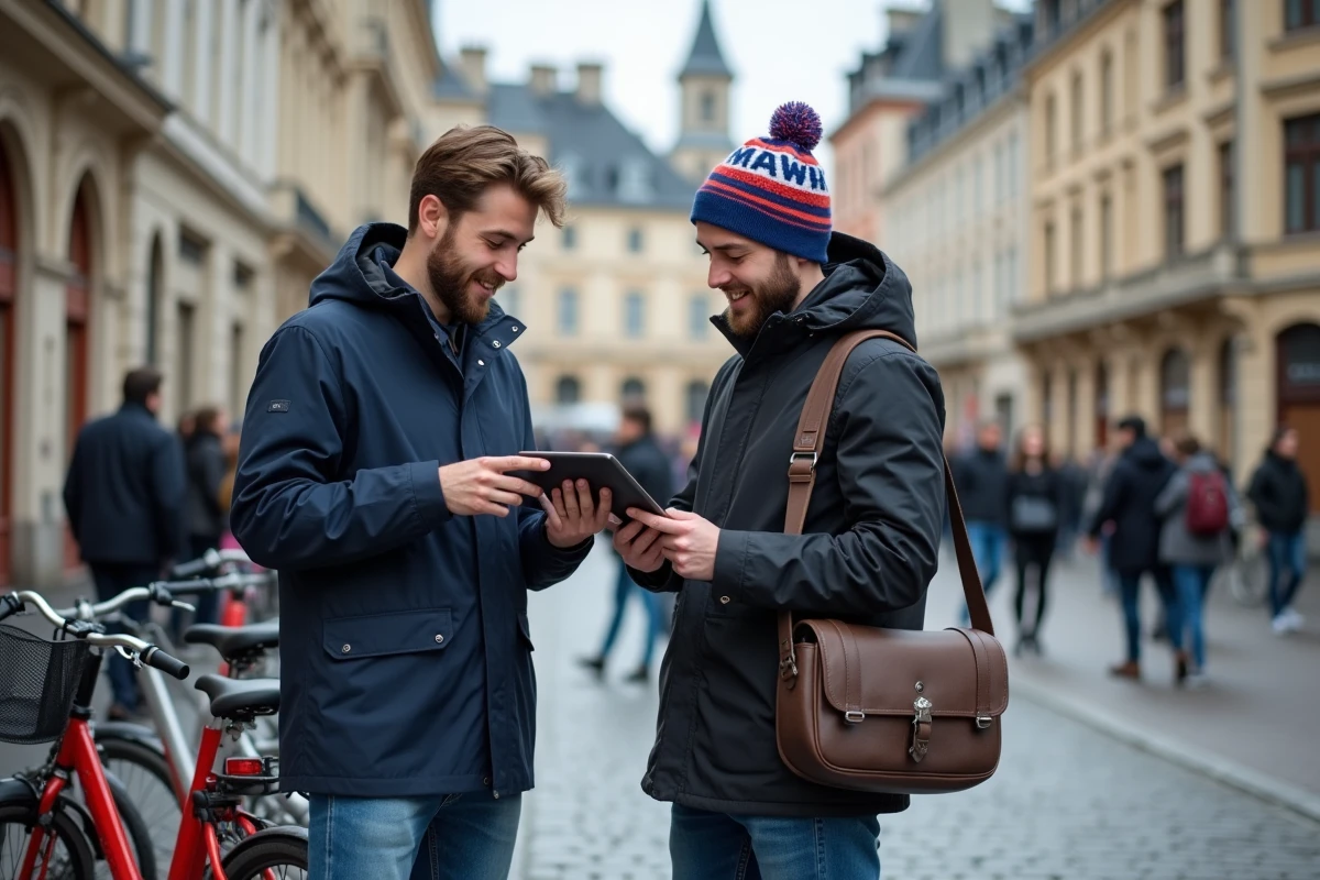 Jeunes hommes avec vélos dans une place de Rennes