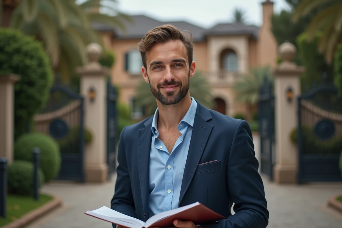 Jeune journaliste devant une villa luxueuse