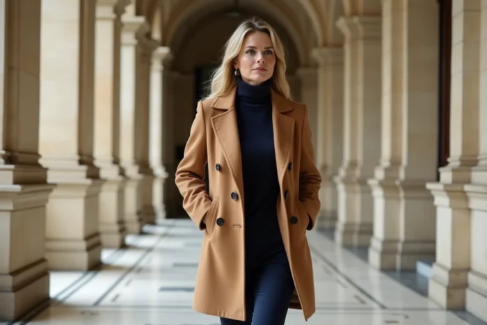 Femme élégante en manteau structuré camel marchant dans un couloir parisien au style haussmannien, look mode éditorial
