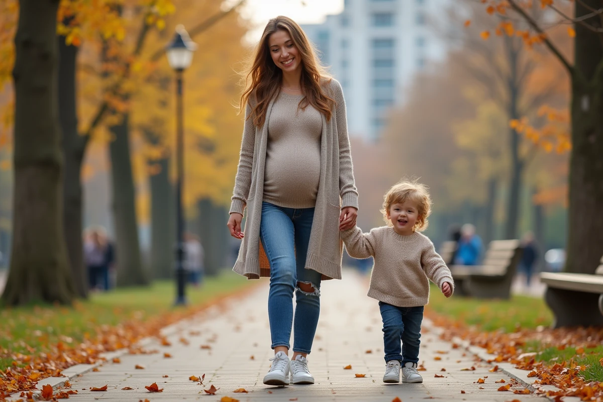 Maman enceinte et enfant dans un parc automnal