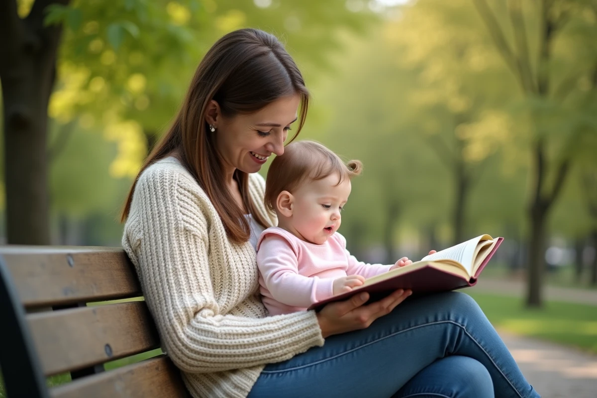 Maman souriante lit une histoire à sa fille dans un parc