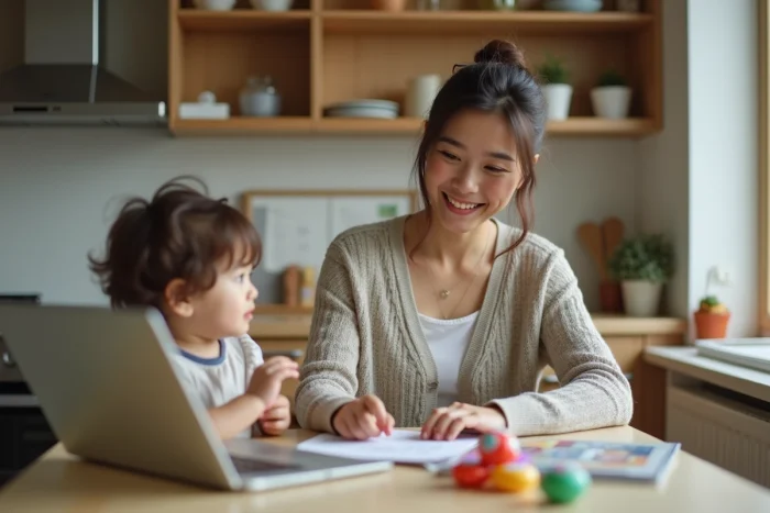 Jeune maman souriante multitaskant dans la cuisine moderne