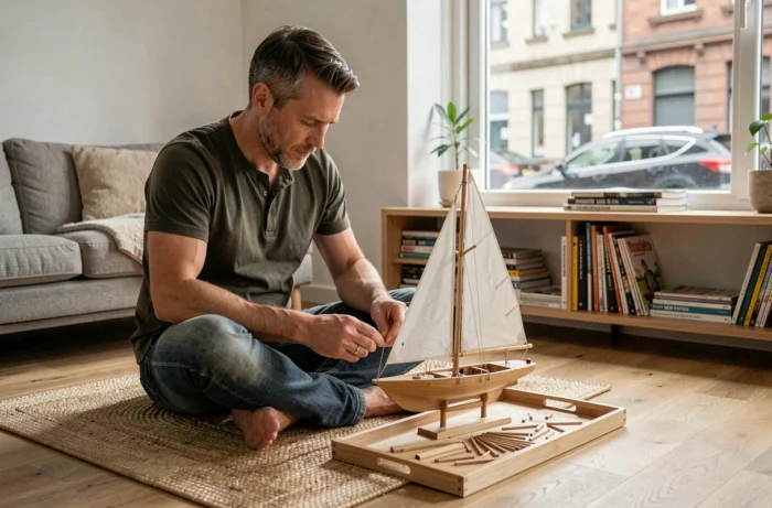 Homme adulte assemblant un modèle réduit de bateau en bois dans un salon scandinave moderne pendant ses loisirs